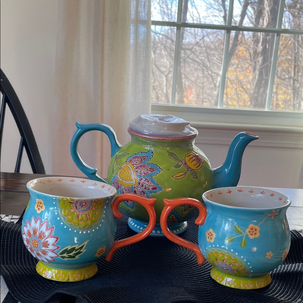 Dutch Wax Colorful Hand Painted Floral Ceramic New Teapot and 2 Cups Set - Picture 7 of 15